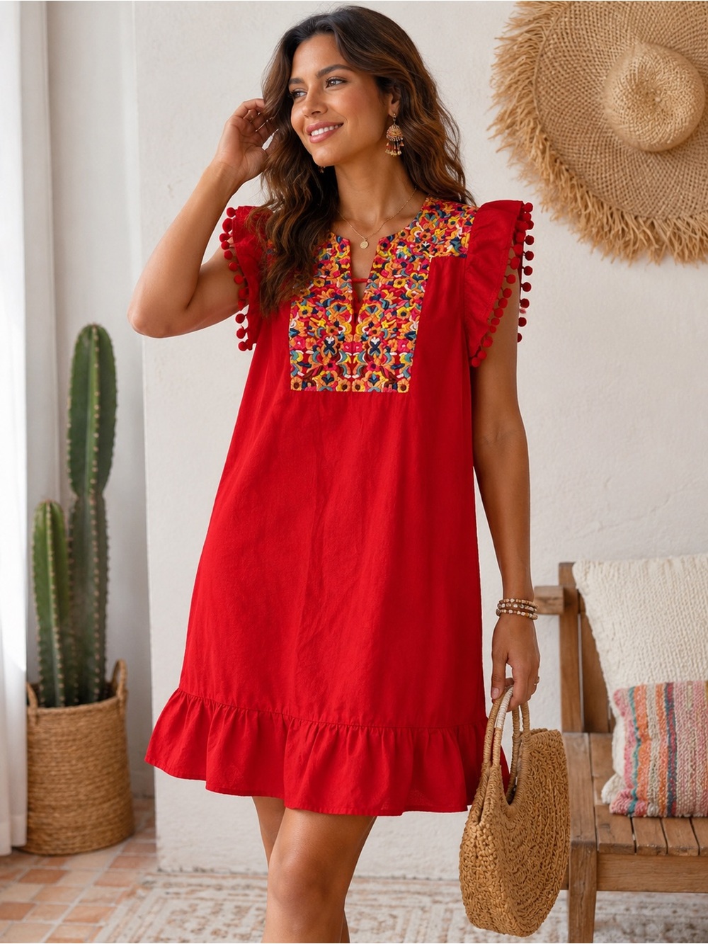 Kirundo Red Embroidered Boho Dress Pom Pom Sleeve Fiesta Shift Dress Small